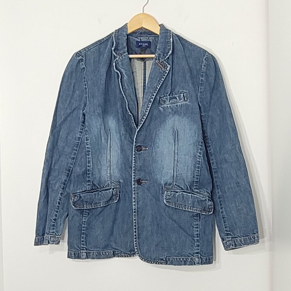 Guess Vintage Blue 100% Cotton Button Front Distressed Denim Blazer Jacket Large